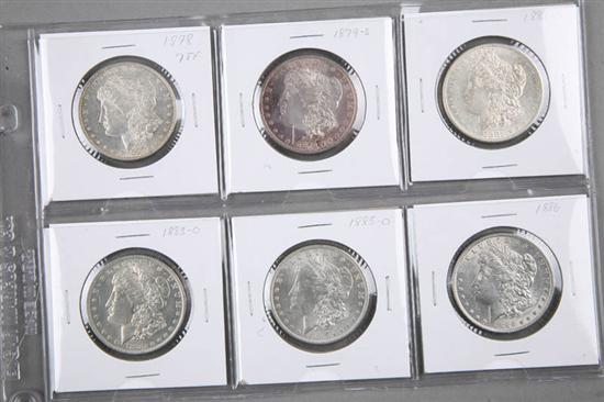 Appraisal: SIX MORGAN SILVER DOLLARS Years include with seven tail feathers