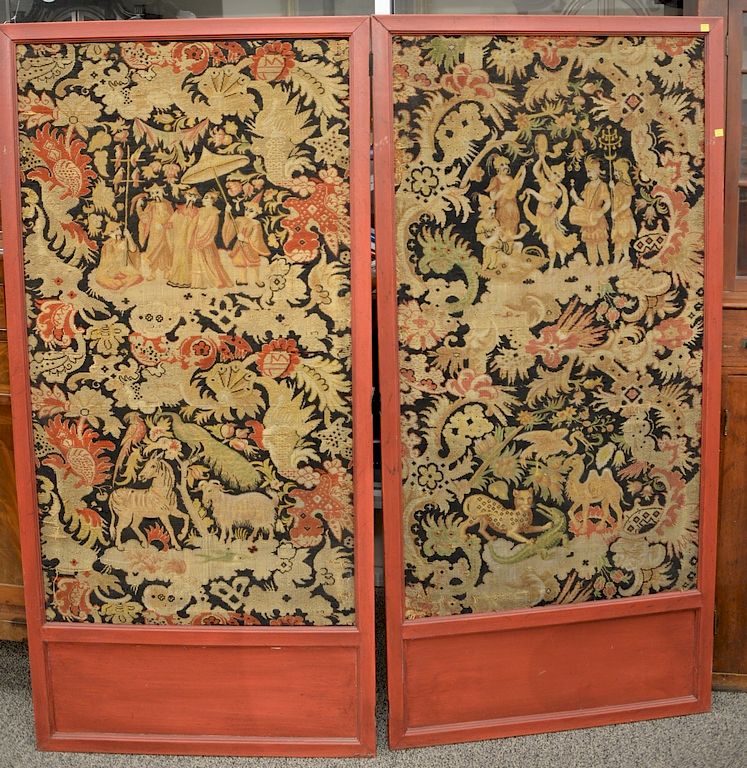 Appraisal: Two part needlepoint screen two large panels depicting Asian figure