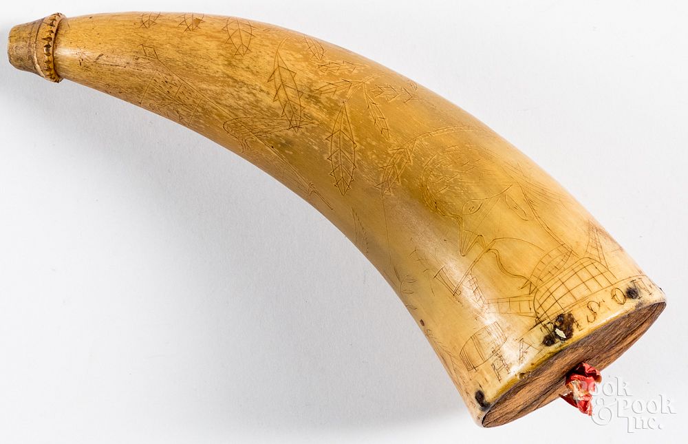 Appraisal: Scrimshaw decorated powder horn th c Scrimshaw decorated powder horn