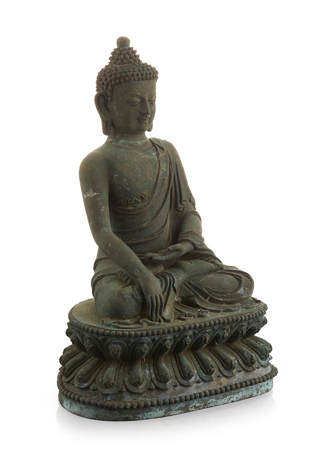 Appraisal: BRONZE AND VERDIGRIS FIGURE OF SHAKYAMUNI BUDDHA the figure modelled