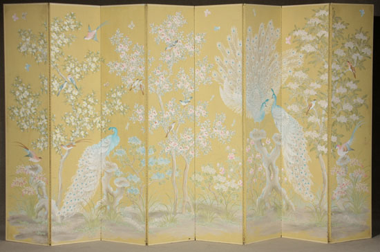 Appraisal: Robert Crowder Painted Yellow Ground Japanese Style Eight-Panel Floor Screen