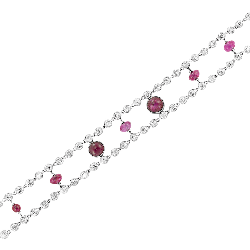 Appraisal: Platinum Diamond Cabochon Ruby and Ruby Bead Bracelet The double