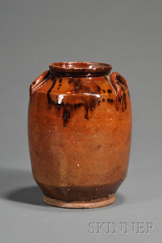 Appraisal: Redware Jar America early th century with lug handles brown