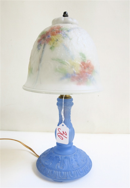 Appraisal: REVERSE PAINTED BOUDOIR LAMP having satin glass shade with reverse