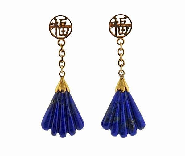 Appraisal: k Gold Carved Lapis Dangle Earrings METAL K gold GEMSTONES