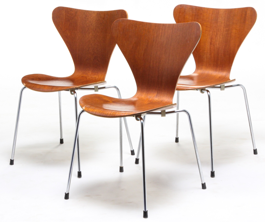 Appraisal: THREE FRITZ HANSEN WHALE TAIL CHAIRS Denmark ca s Mid