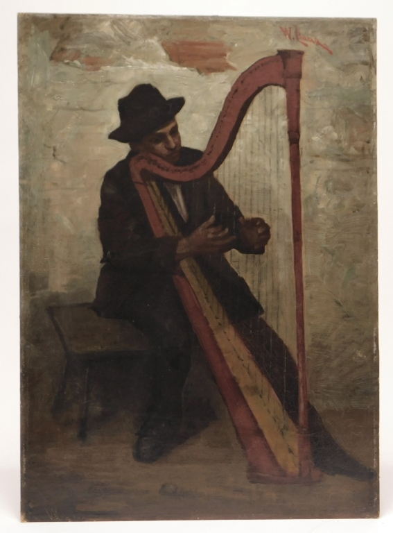 Appraisal: C GERMAN IMPRESSIONIST HARP PLAYER PAINTING Germany Circa Depicts a