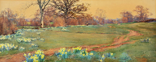 Appraisal: ALFRED WILLIAM PARSONS - - DAFFODILS BESIDE A CART TRACK