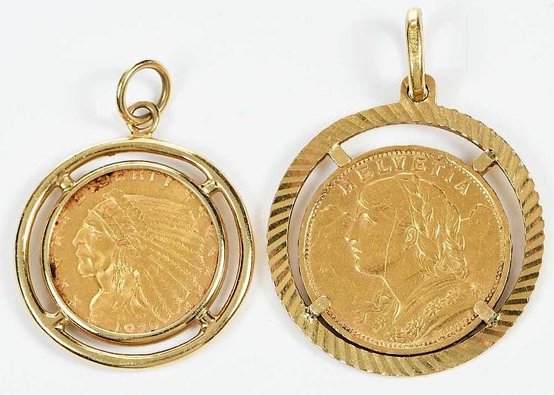 Appraisal: Two Gold Coin Pendants Swiss Franc coin bail stamped MI