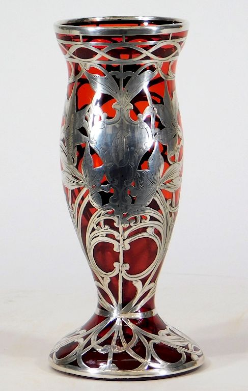 Appraisal: C Art Nouveau Silver Overlay Ruby Glass Vase United States