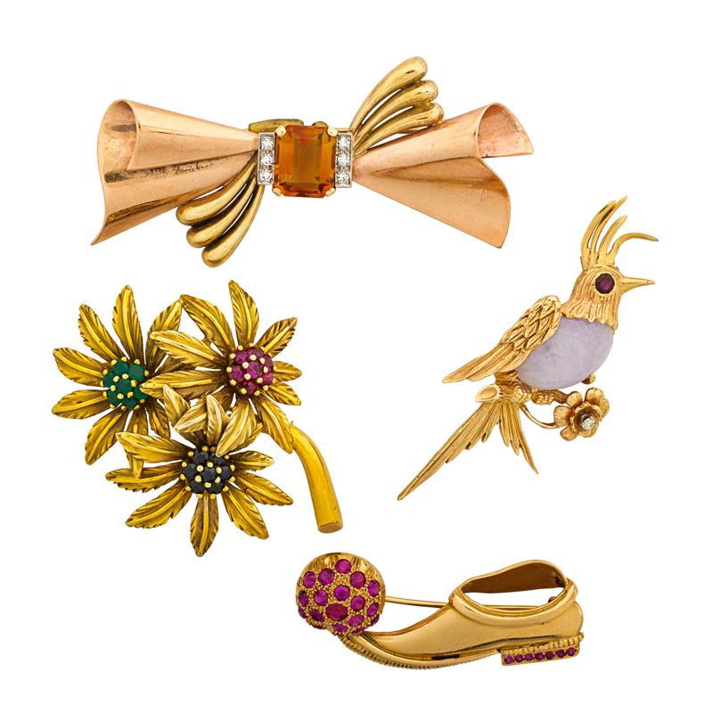 Appraisal: FOUR WHIMSICAL YELLOW GOLD GEM-SET BROOCHES Citrine and single cut