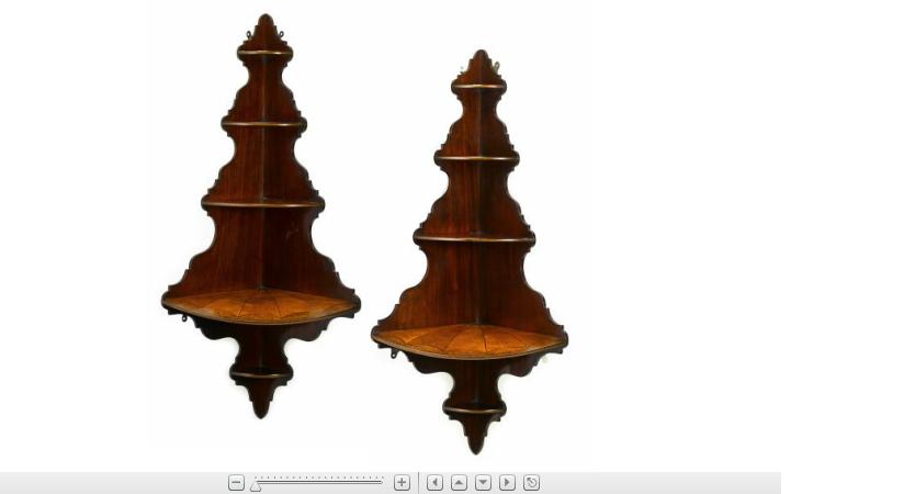 Appraisal: Pair of Irish George III mahogany and parquetry corner shelvescirca