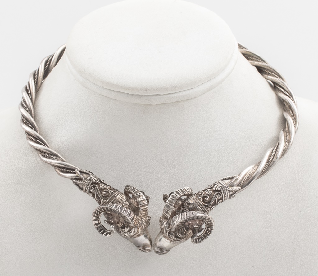 Appraisal: STERLING SILVER RAM HEAD CHOKER NECKLACE Vintage sterling silver hinged