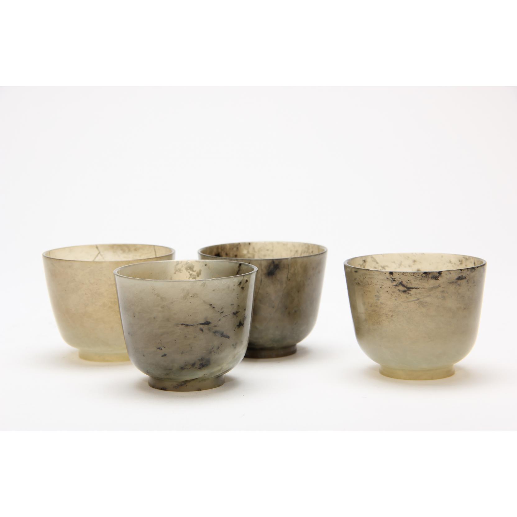 Appraisal: Four Carved Jade Cups opaque mottled dark and light green