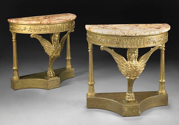 Appraisal: A pair of Continental Neoclassical style carved giltwood console tables