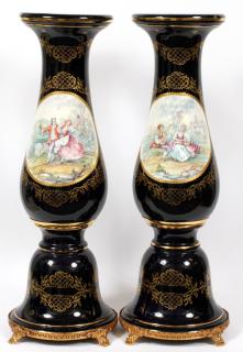 Appraisal: LIMOGES PORCELAIN PEDESTALS PAIR CIRCA H DIA Black ground Oval