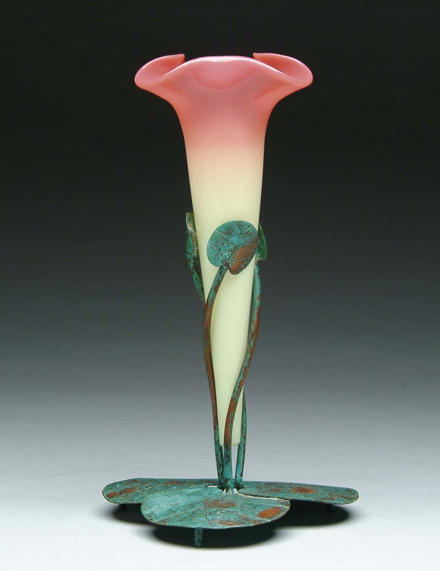 Appraisal: BURMESE TRUMPET VASE IN METAL HOLDER Lovely Burmese glass insert