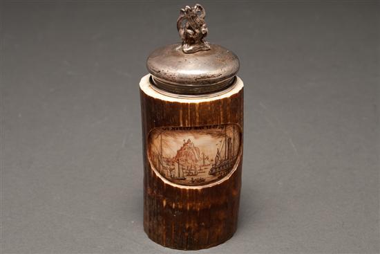 Appraisal: Carved ink-washed ivory tusk jar with English silver lid container