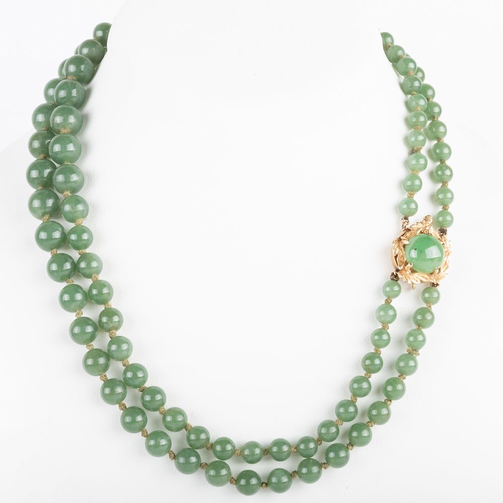 Appraisal: Double Strand Nephrite Bead Necklace with k Gold and Cabochon