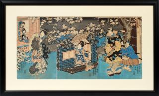 Appraisal: TOYOKUNI JAPANESE WOODBLOCK TRIPTYCH TOYOKUNI JAPANESE WOODBLOCK TRIPTYCH H L