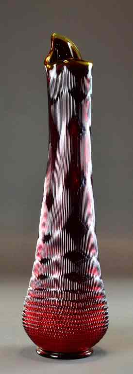 Appraisal: Mid Century Large Cranberry VaseWith clear glass top ribbing and