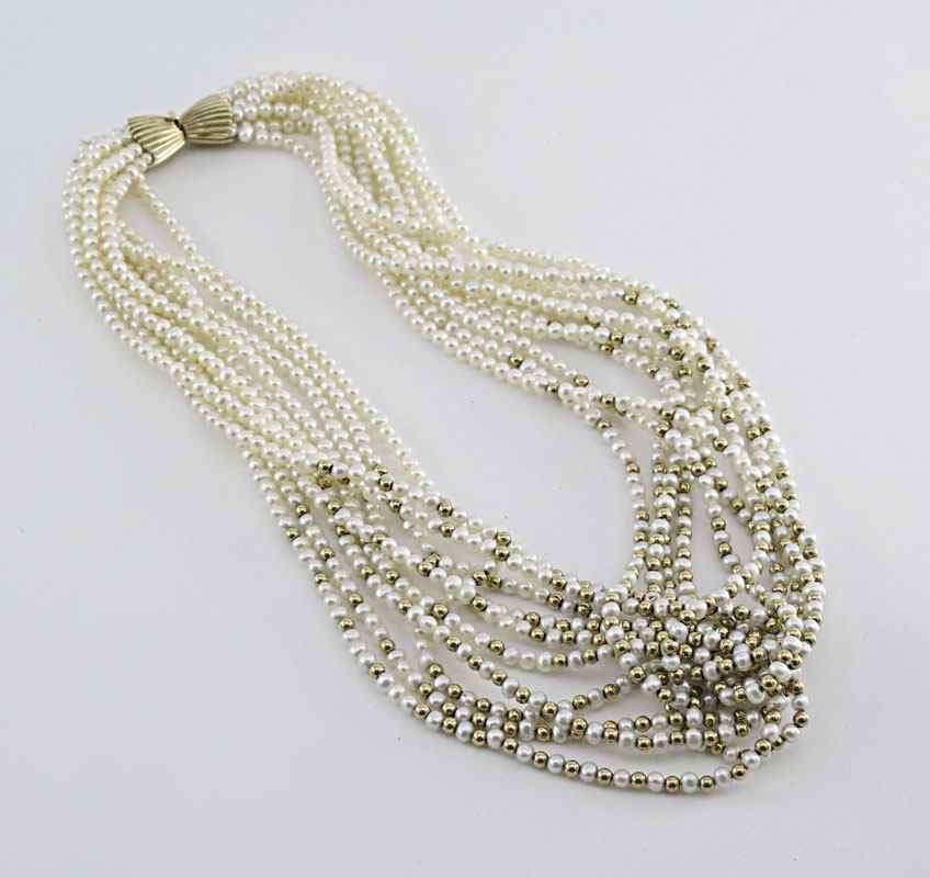 Appraisal: K MULTI-STRAND CULTURED PEARL NECKLACE K yellow gold multi strand