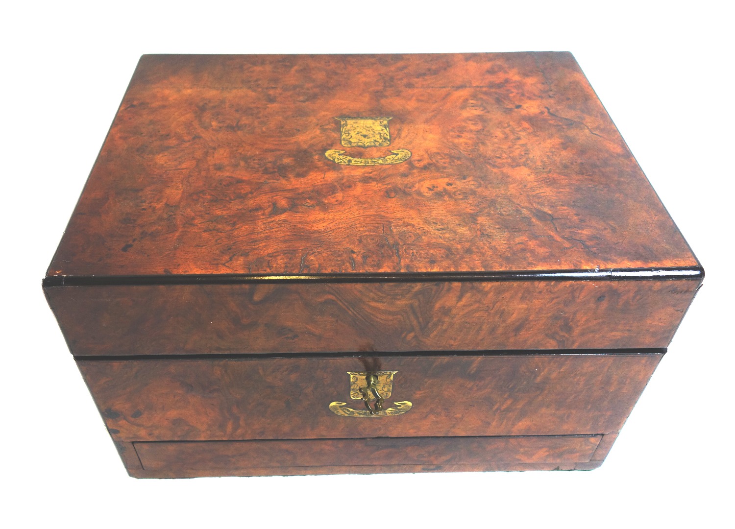 Appraisal: A Victorian burr walnut and ebonised toilet box with interior