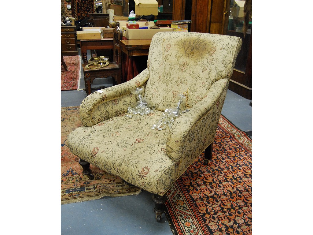 Appraisal: Victorian scroll arm upholstered armchair raised on mahogany legs and