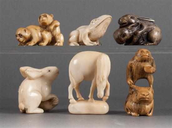 Appraisal: Six Japanese carved ivory animal-form netsukes figures include rabbits frog