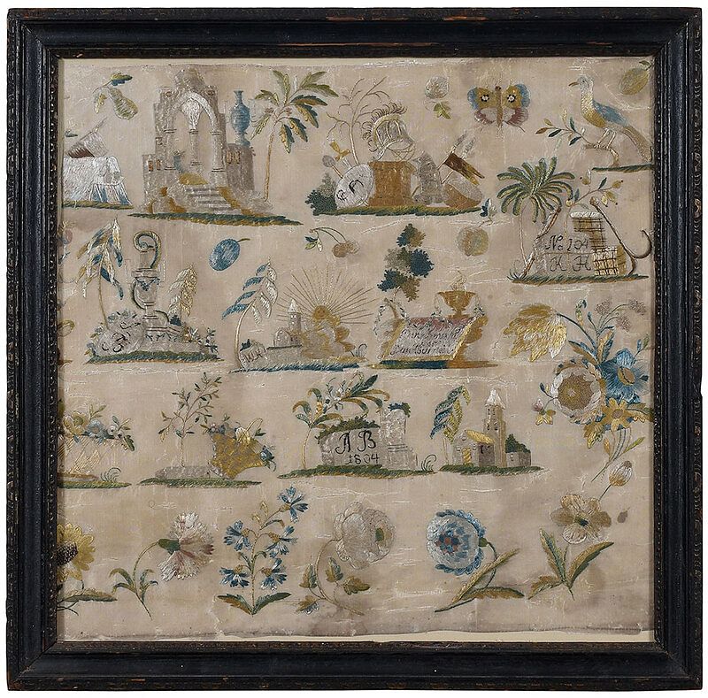 Appraisal: Fine German Silk Memorial Needlework circa finely embroidered memorial motifs