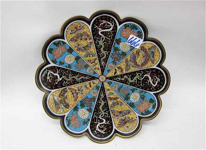 Appraisal: JAPANESE CLOISONNE FOOTED PLATE Meiji period flower form with alternating