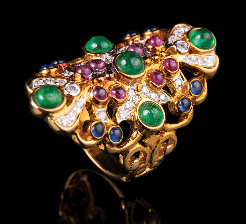 Appraisal: kt Yellow Gold Ring set with cabochon emeralds cabochon sapphires