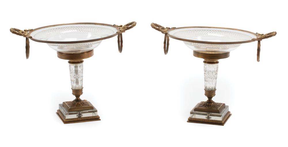 Appraisal: Pair of French Cut Crystal and Bronze Dore Compotes laurel