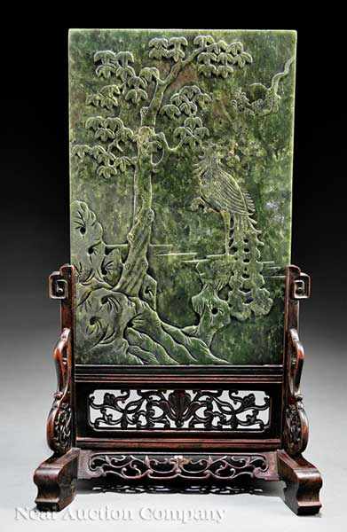 Appraisal: A Pair of Chinese Spinach Green Jade Plaques Mounted as