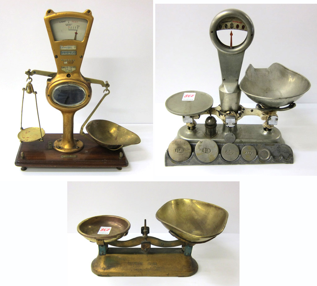 Appraisal: THREE COLLECTIBLE TRADE SCALES Roberval Detect O Gram scale by