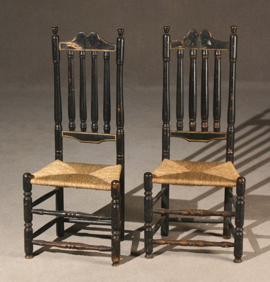 Appraisal: Pair of American Black Painted Turned Maple Banister-Back Rush Seat