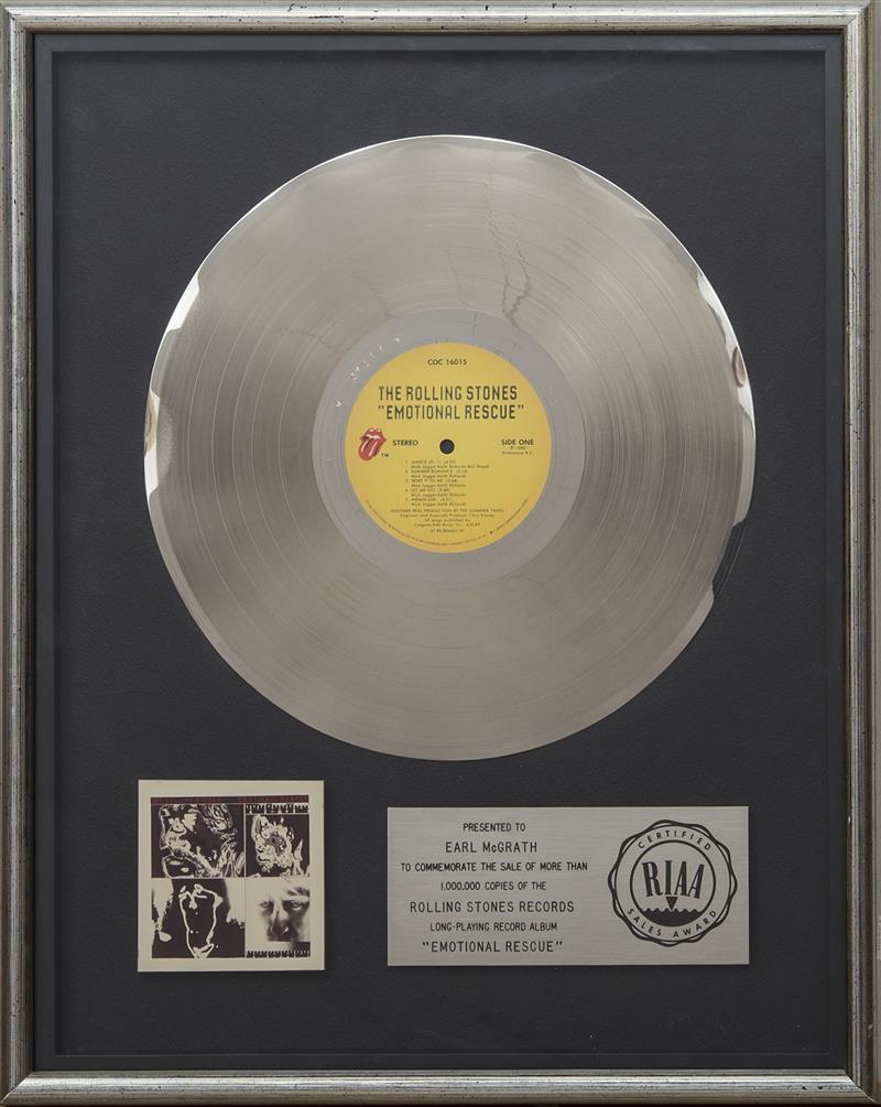 Appraisal: ROLLING STONES PLATINUM RECORD AWARD RIAA AWARD PRESENTED TO EARL