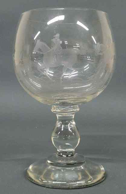 Appraisal: Large etched glass goblet with fox hunting scenes h