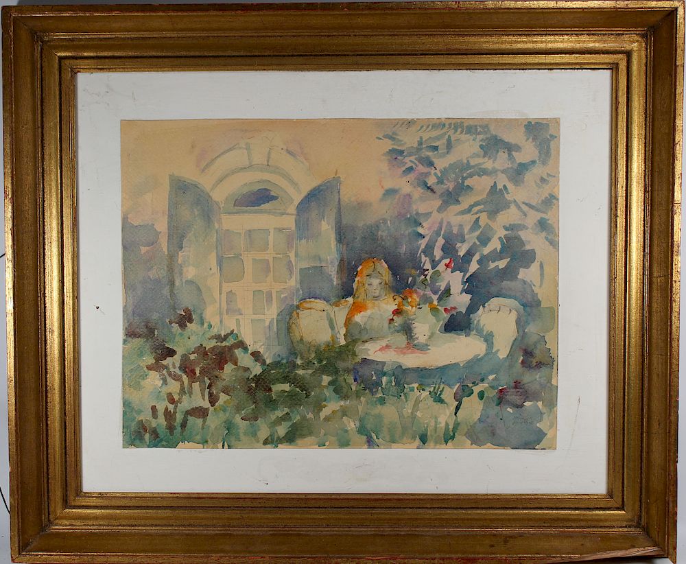 Appraisal: M Manning th C Watercolor of Woman in Garden M