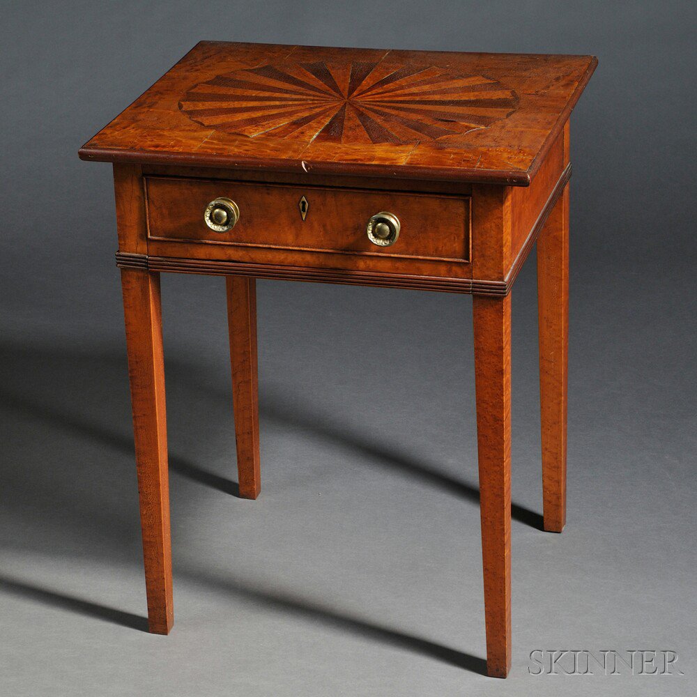 Appraisal: Federal Figured Maple and Mahogany Veneer Inlaid Worktable possibly Vermont