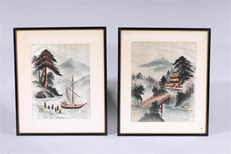 Appraisal: Two Chinese hand-woven silk paintings each framed with embroidered mark