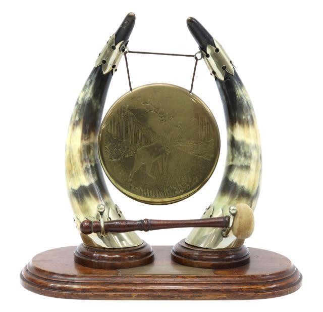 Appraisal: Table gong the etched brass gong depicting stag suspended from