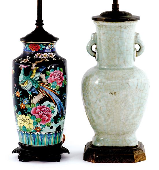 Appraisal: Chinese ceramic vases converted to lamps famille noire porcelain vase