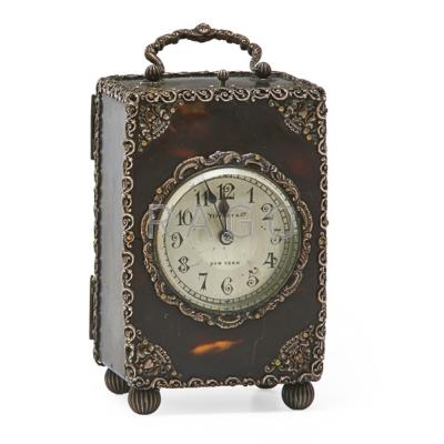 Appraisal: TIFFANY CO TORTOISESHELL CARRIAGE CLOCK Silver handles with filigree mounts