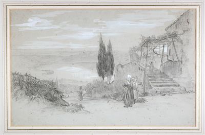 Appraisal: Follower of Edward Lear Figures in a Continental lake landscape