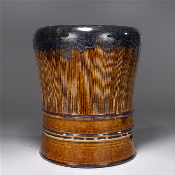 Appraisal: Japanese hibachi ocher and blue with incised vertical lines pattern