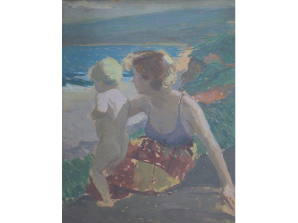 Appraisal: NEWLYN SCHOOL A mother and child on a beach oil