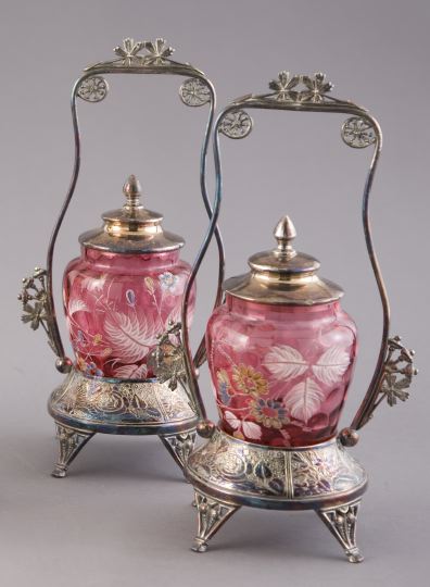 Appraisal: Rare Pair of Bohemian Enameled Cranberry Glass Pickle Casters fourth