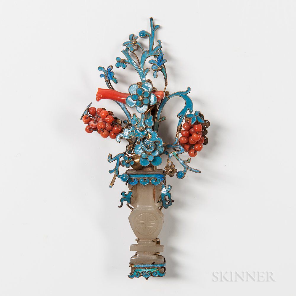 Appraisal: Ornamental Kingfisher Feather and Jade Pin Ornamental Kingfisher Feather and