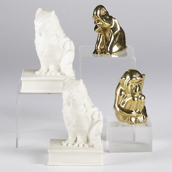 Appraisal: ROOKWOOD Production owl bookends together with later golden elephant and